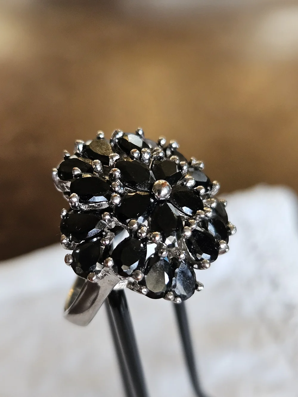 Silver Black Crystal Floral Cluster Ring